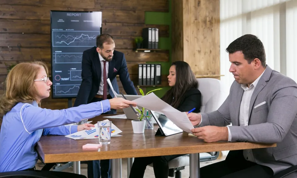 Collega's bespreken grafieken in een vergaderruimte