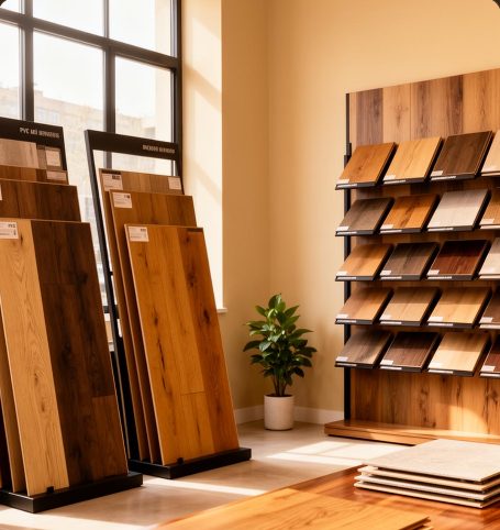 Showroom met houten vloerstalen in warm zonlicht