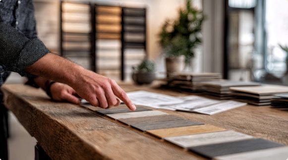 Vakman toont vloerstalen op een houten tafel